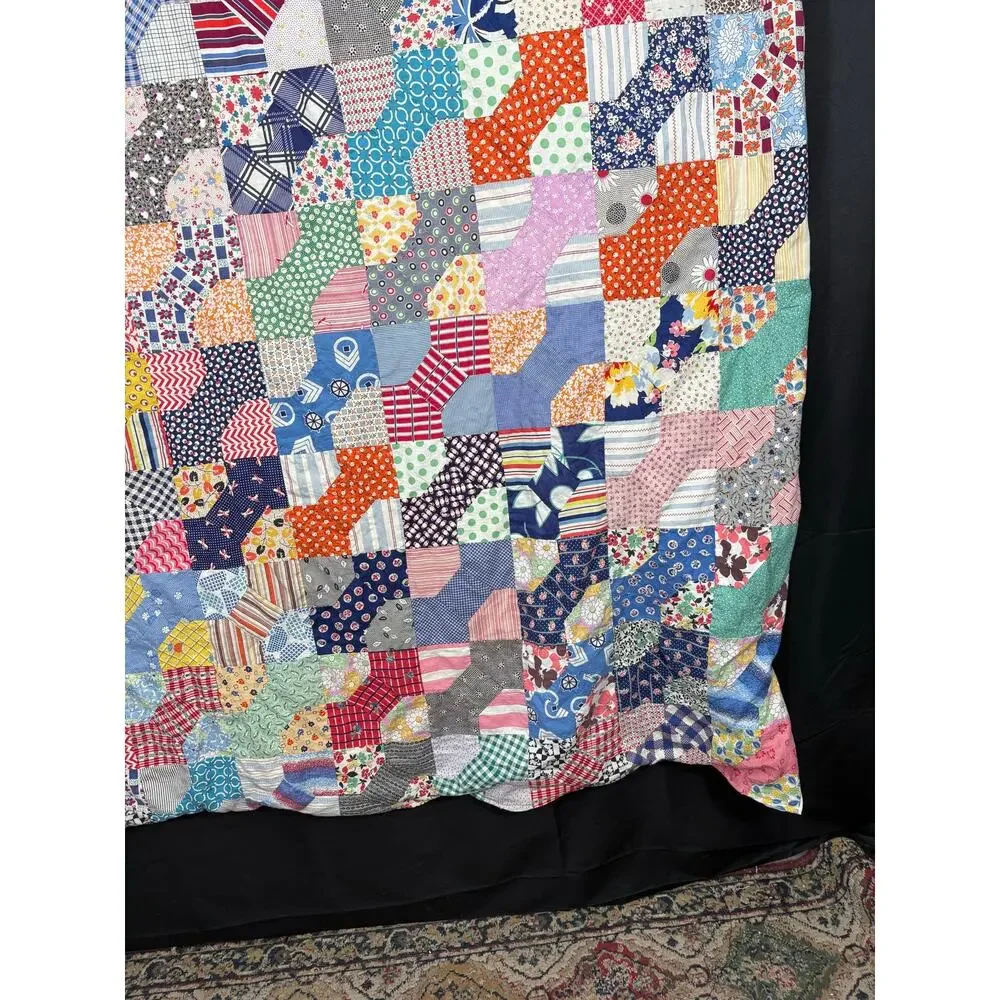 Vintage Colorful Feedsack Bowtie Quilt Handmade Cotton Fabric Farmhouse Cottage